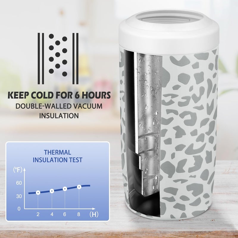 ITSLIFE 4-in-1 Slim Can Cooler Easy to Hold Insulated Beer Can Holder Double-walled Stainless Steel for All 12 Oz Cans Gift (White Leopard) - Image 2